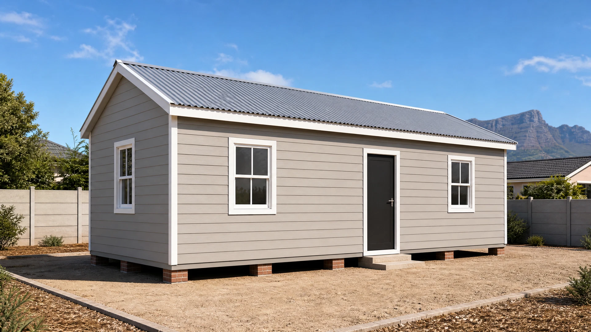 Illustrative 3D exterior concept of a modest Nutec-board Wendy house with a pitch roof